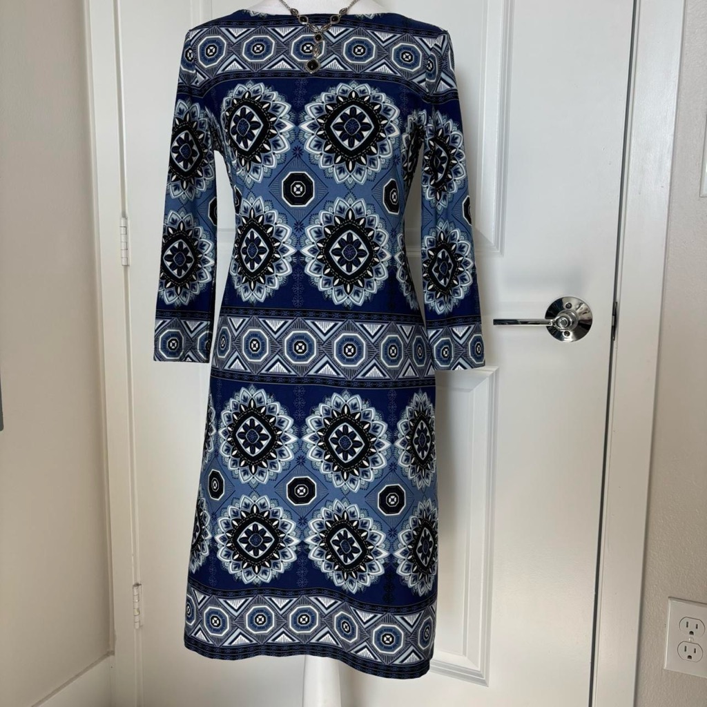 90s Y2k Blue & White Midi Dress Straight Fit Geometric Pattern Petite 6